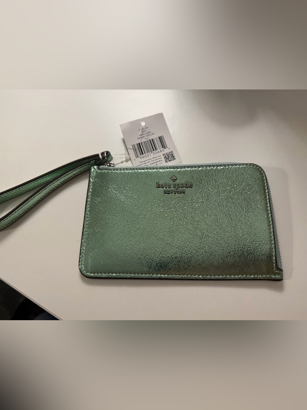 kate spade metallic seawater green wristlet pouch with wrist strap NWT